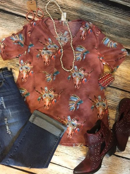 

Longhorn Floral-Print V Neck Short Sleeve Holiday Shirts & Tops, Orange red, Tops