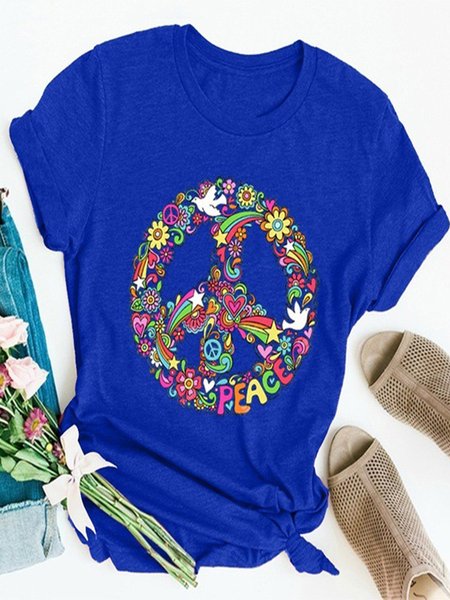 

Vintage Floral Peace Printed Plus Size Short Sleeve Crew Neck Casual Tops, Royal blue, T-Shirts