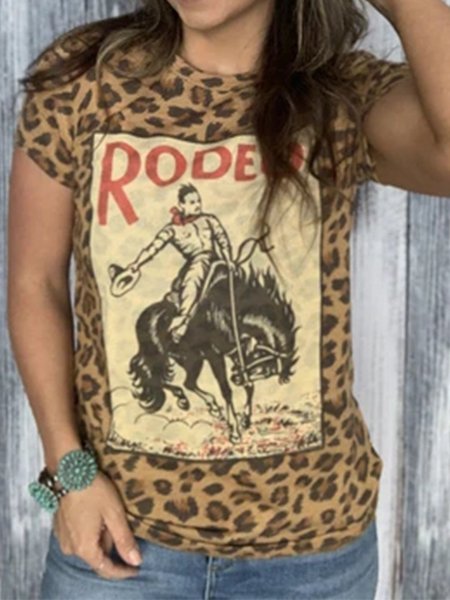 

Jersey Crew Neck Short Sleeve Leopard Shirts & Tops, Auto-Clearance