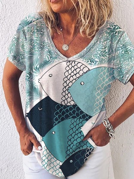 

V-Neck Short Sleeve Fish Painting Print T-shirt & Tops, As picture, T-Shirts