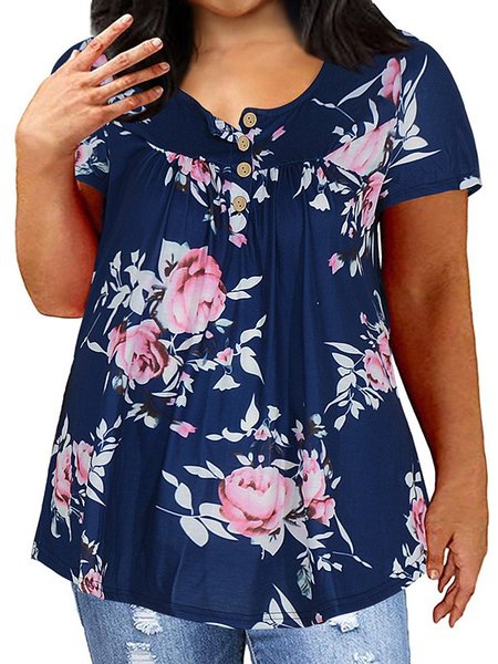 

Plus Size Cotton Casual Floral Tops, As picture, Shirts & Blouses