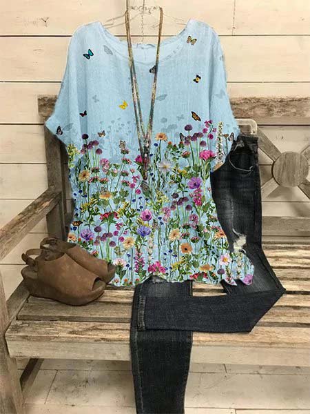 

Stampato Floreale Girocollo Maniche Corte Camicie & Top, Blu, T-Shirts