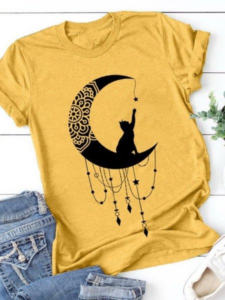 

Vintage Gatto Luna Geometrico Stampato Maniche Corte Girocollo Casuale Top, Giallo, T-Shirts