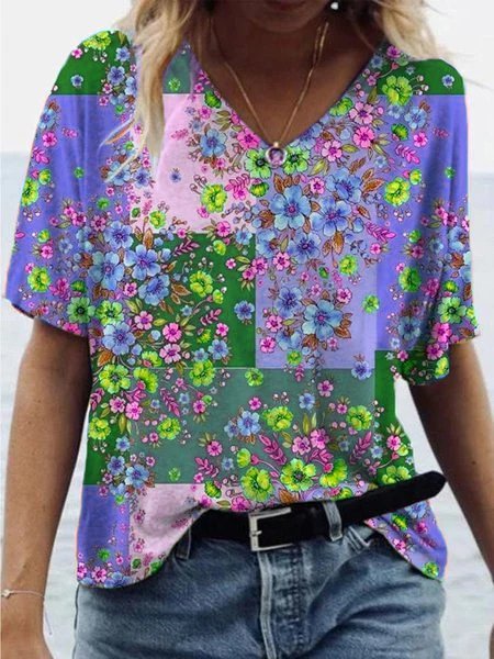 

V Neck Short Sleeve Cotton-Blend Floral T-Shirts & Tops, Blue, T-Shirts