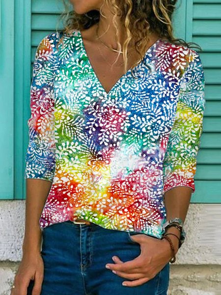 

Maniche Lunghe Stampato Scollo a V Camicie & Top, Multicolore, Blouses & Shirts