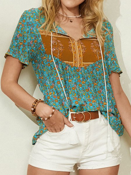 

V Neck Cotton-Blend Floral-Print Casual T-shirt, Green, T-Shirts