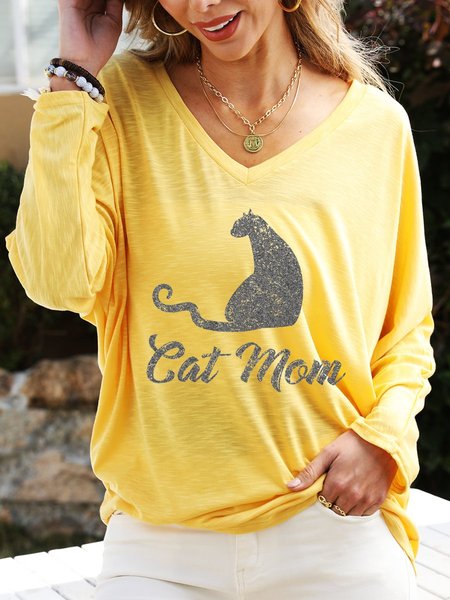 

Cat Mom Graphic V-neck Long Sleeve Top, Yellow, T-shirts