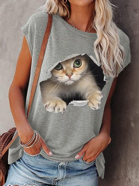 

Casuale Maglietta Grigio con Stampa Gatto, Tops