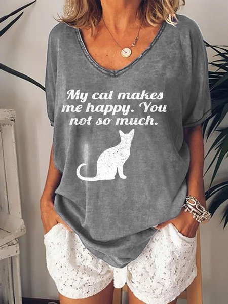 

My Cat Makes Me Happy Saying Deep V Neck Loose Top, Gray, T-shirts