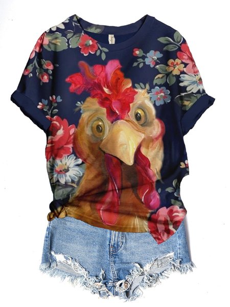 

Chicken All Over Casual Cotton-Blend Woman's Shirts & Tops, Blue, T-shirts