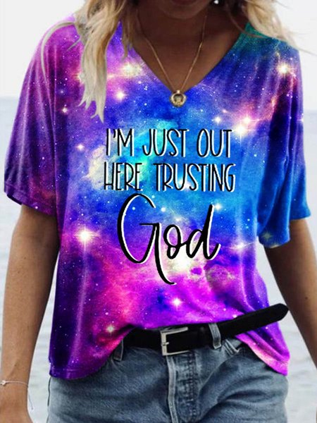 

I'm Just Here Trusting God Short Sleeve Letter Casual V Neck Shirts & Top, Deep blue, T-shirts
