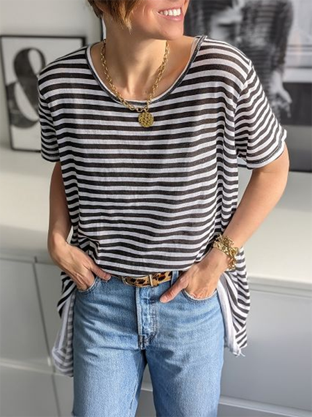 

Maniche Corte Girocollo a Righe Misto Cotone Top, Nero, T-Shirts