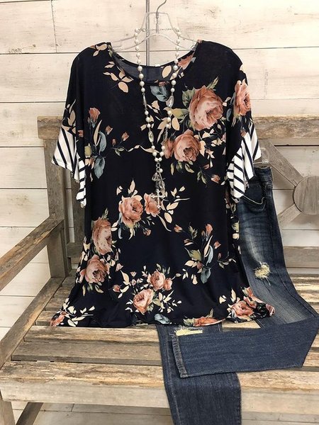 

Floreale Maniche Corte Stampato Misto Cotone Girocollo Casuale Estate Nero Superiore, Tops