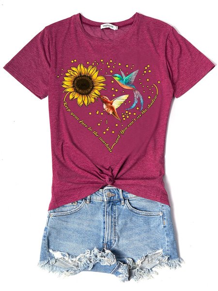 

Keep Your Face To The Sunshine And You Can't See The Shadow Sunflower Crew Neck Casual Woman's Shirts & Tops, Burgundy, T-shirts
