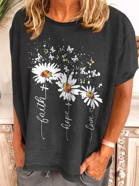 

Faith Hope Love Christian Butterfly Daisy Graphic Short Sleeve Round Neck Loose Tee, Black, T-shirts