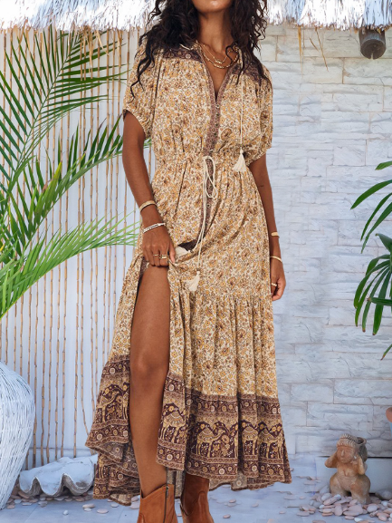 

Cotton-Blend A-Line Boho Floral Weaving Dress, Yellow, Floral Dresses