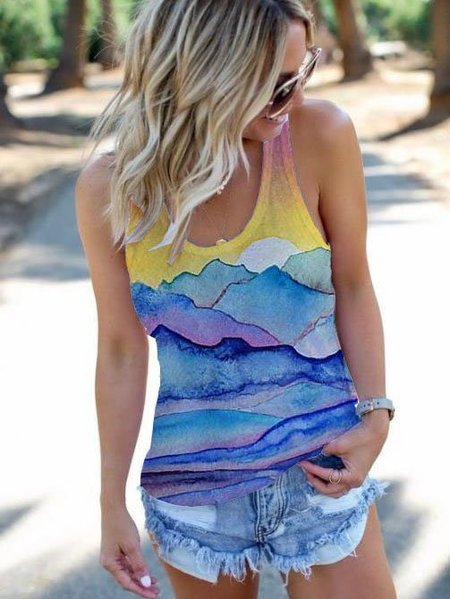 

Camicie & Top Vintage Scollo a U Stampato Misto Cotone, Blu, Tank Top