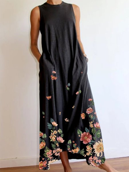 Abito Floreale Girocollo Stampato Elegante, Come immagine, Linen & Cotton Dresses