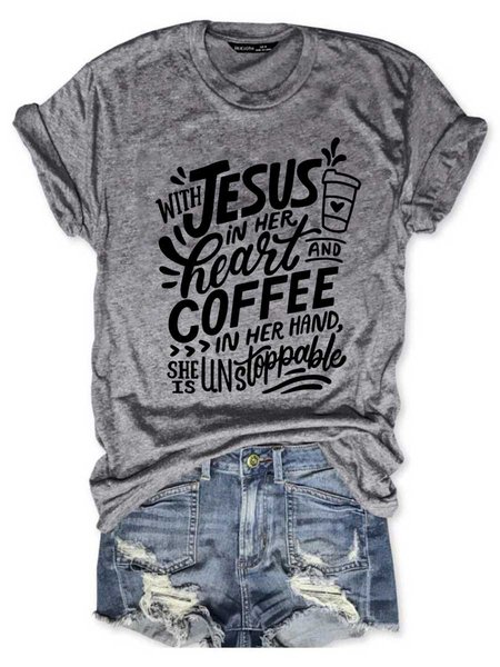 

With Jesus In Her Heart And Coffee In Her Hand Graphic Short Sleeve Round Neck Loose Tee, Gray, T-shirts