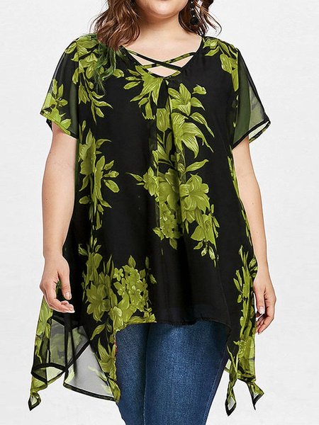 

Plus Size Women Blouses Double Chiffon Print Blouse Women Short Sleeve Loose Shirt Tops, As picture, Shirts & Blouses