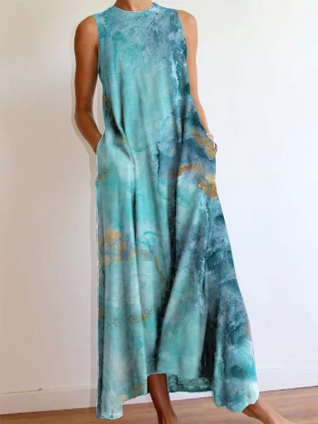 

Abito Girocollo Stampato Floreale senza maniche Astratto, Blu, Linen & Cotton Dresses