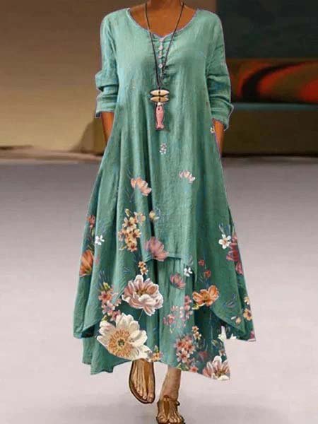 

3/4 Sleeve Crew Neck Floral Dresses, Green, Floral Dress