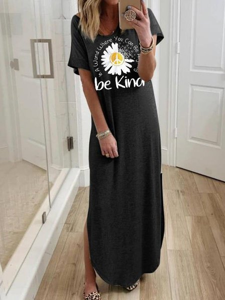 Floral-Print Shift Casual Short Sleeve Knitting Dress, Black, Casual Dresses