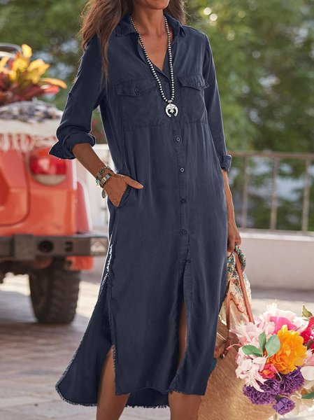 

Holiday Shirt Collar Weaving Dress, Dark blue, Dresses