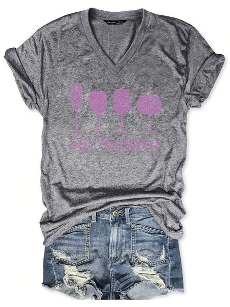 

Sip Happens Funny Wine V Neck Graphic Tee, Gray, T-shirts