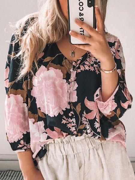 

Holiday Casual 3/4 Sleeve Floral V Neck Button Front Top, Navy blue, Blouses and Shirts