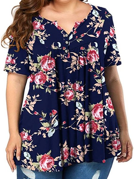 

Plus Size Floral Casual Short Sleeve Tops, As picture, Shirts & Blouses