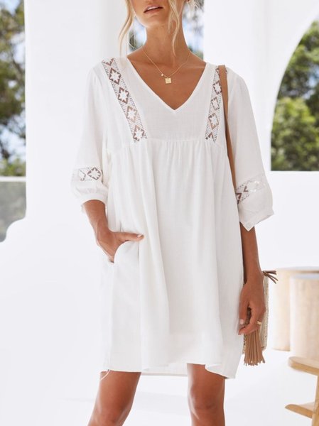 

Plain V Neck Cutout 3/4 Sleeve Weaving Dress, White, Casual Dresses