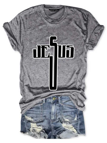 

Jesus Cross Graphic Short Sleeve Round Neck Loose Tee, Gray, T-shirts