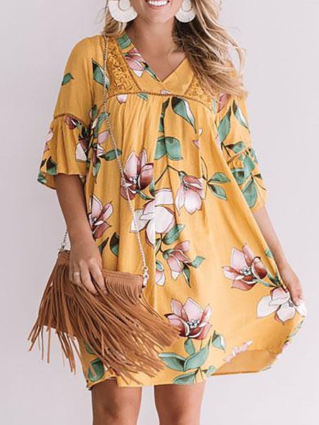 

Holiday Half Sleeve V-Neck Loose Shift Dress, Yellow, Boho dresses
