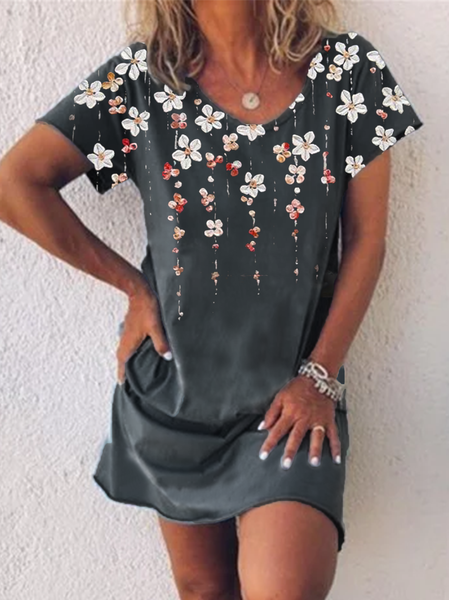 

Vintage Dritto Floreale Casuale Maniche Corte Abito, Grigio, Dresses