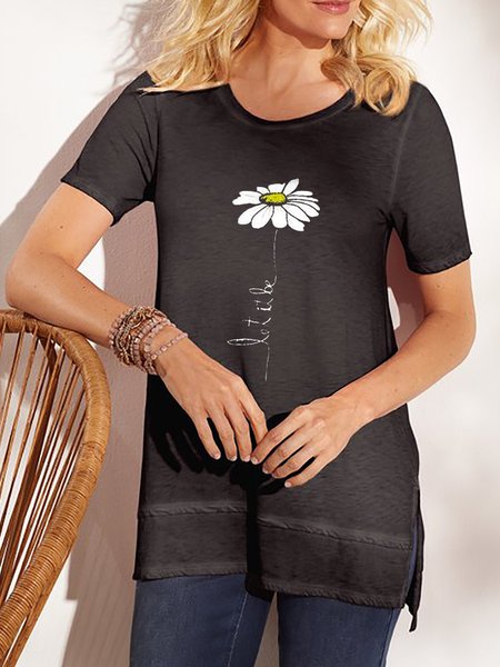 

Black Floral-Print Cotton-Blend Short Sleeve T-Shirts & Tops, T-Shirts