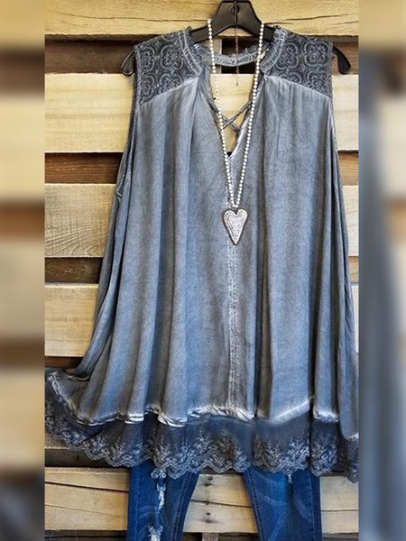 

Ombre/Tie-Dye Sleeveless Drawcord Cotton-blend V neck Vintage Summer Blue Top, Auto-Clearance
