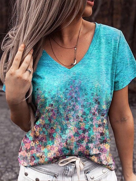 

Stampato Floreale Scollo a V Maniche Corte Camicie & Top, Blu, Tops