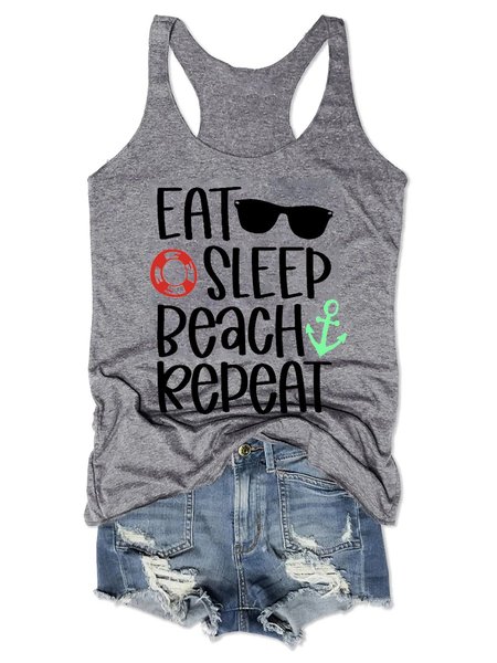 

Eat Sleep Beach Repeat Tank Top, Gray, Tank Tops