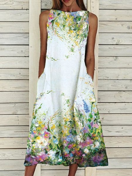 

Abito Senza Maniche Elegante Girocollo Stampato Floreale, Come immagine, Maxi Dresses