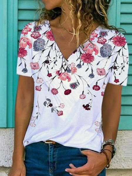 

Floreale Casuale Maniche Corte Dritto Camicie & Top, Bianco, T-Shirts