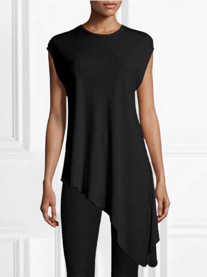

Girocollo Solido Maniche Corte Casuale Top, Nero, Tank Top
