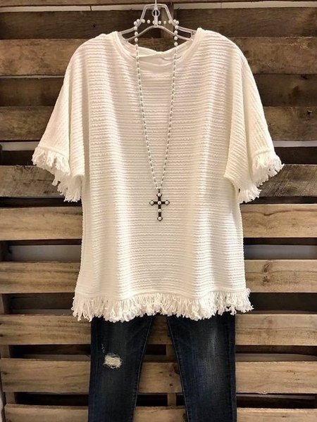

Short Sleeve Tassel Polyester Crew Neck Casual Summer White Top, Tops