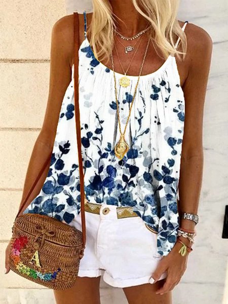 

Senza Maniche Misto Cotone Casuale Floreale Top, Bianco, Tank Top