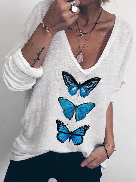 

Butterfly Printed Long Sleeve Casual T-Shirts & Tops, White, T-Shirts