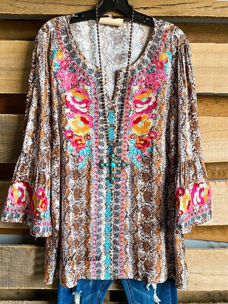 

Shift Casual V Neck Floral Tops, Brown, Tops