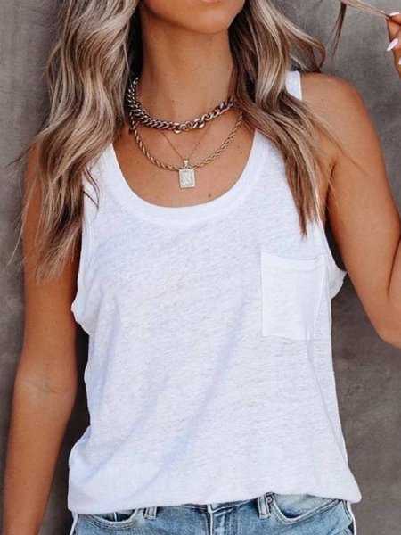 

Camicie & Top Casuale Girocollo Senza Maniche Misto Cotone, Bianco, Tank Top