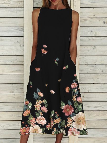 

Tasche senza maniche Casuale Floreale Abito, Nero, Maxi Dresses