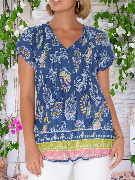 

Boho Floral-print V-neckline Short Sleeve Cotton-Blend T-Shirts & Tops, Blue, T-Shirts