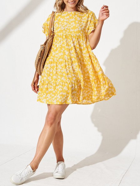 

Short Sleeve Crew Neck Sweet Floral Weaving Dress, Yellow, Boho dresses